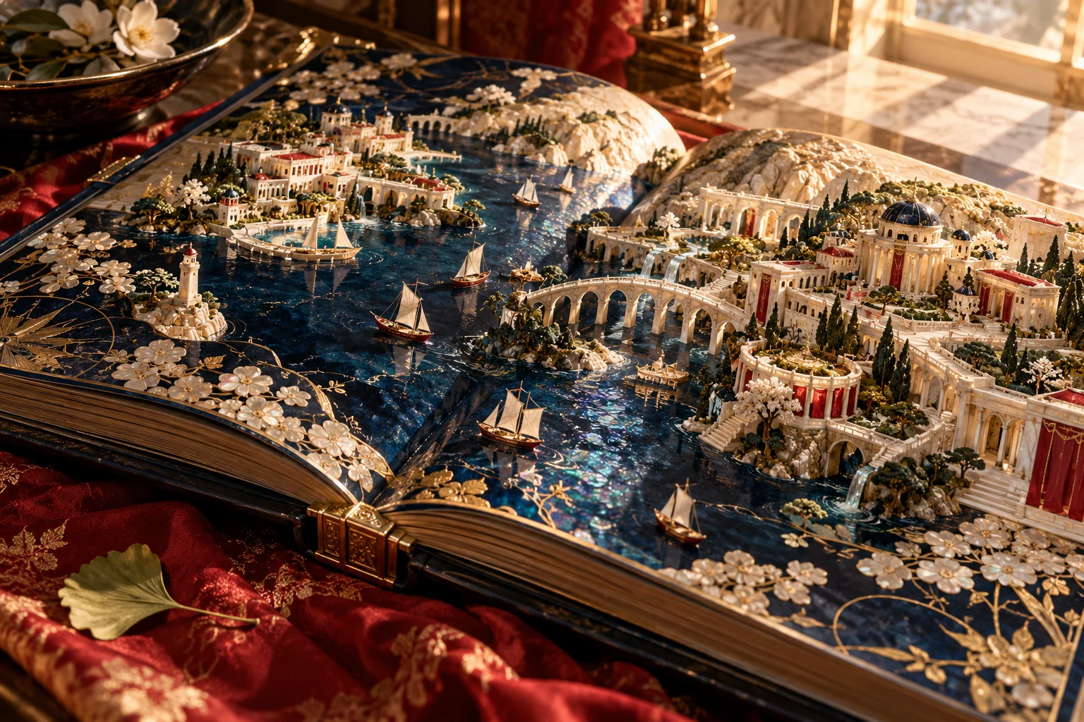 Ilustracja Aeneia: miniaturowe miasta i zatoki wyrastające z otwartego atlasu.